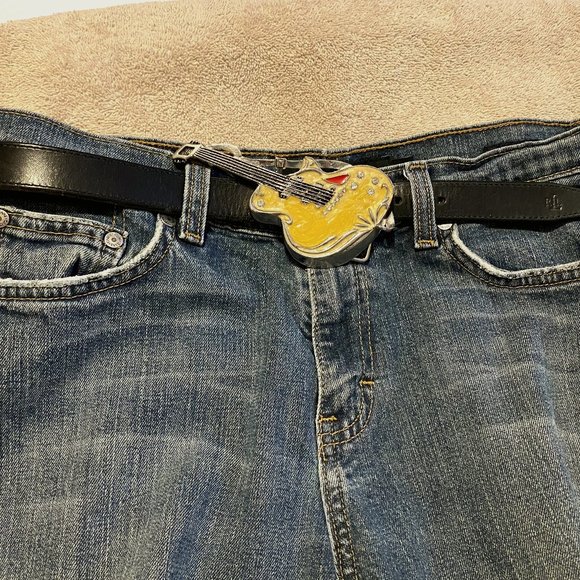 Vintage Yellow Guitar Belt Buckle with Cut Stone Inlay - Picture 2 of 6